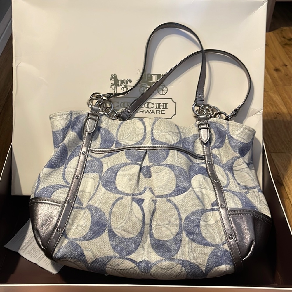 Coach silver and blue tote. Beautiful condition.